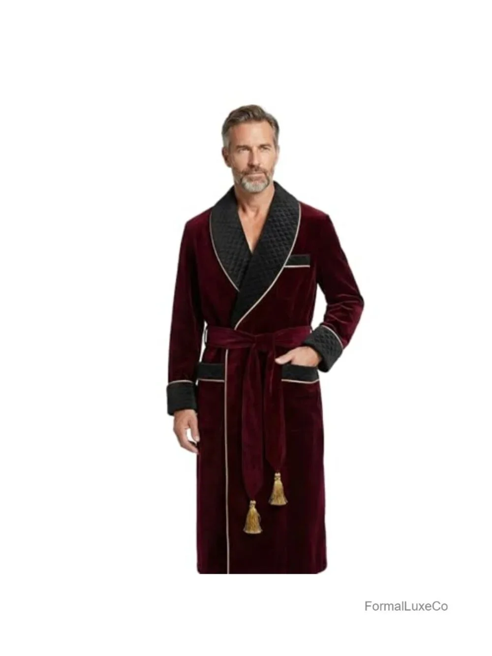 Men's Velvet Smoking Jacket Shawl Collar Belted Longline Robe Wedding Groom